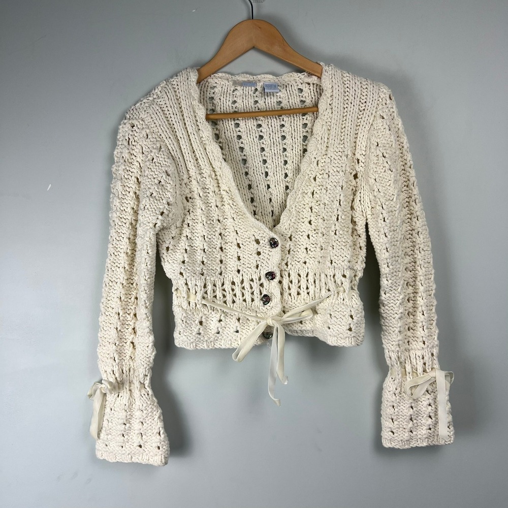 Frost Womens XL Cream Chunky Open Knit Cropped Cardigan Ribbon Tie Coquette Boho